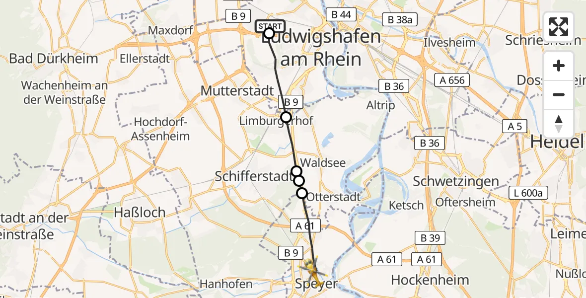 Flugroute Rettungshubschrauber Ludwigshafen Accident Hospital - Speyer, 11 April 2026, 06:36