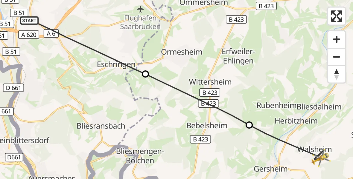 Flugroute Rettungshubschrauber Saarbrücken - Gersheim, 11 April 2026, 06:47