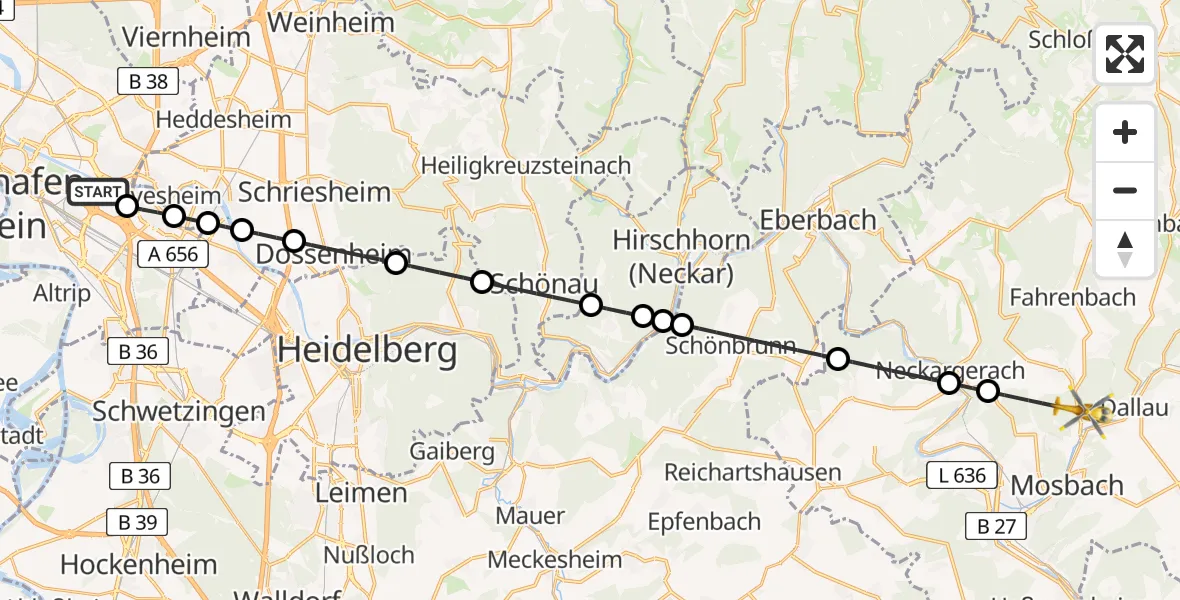 Flugroute Rettungshubschrauber Mannheim-City Flughafen - Mosbach, 11 April 2026, 06:58