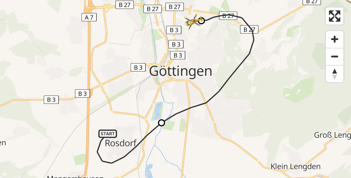 Flugroute Rettungshubschrauber Rosdorf - Göttingen University Clinic Hubschrauberlandeplatz, 11 April 2026, 07:03