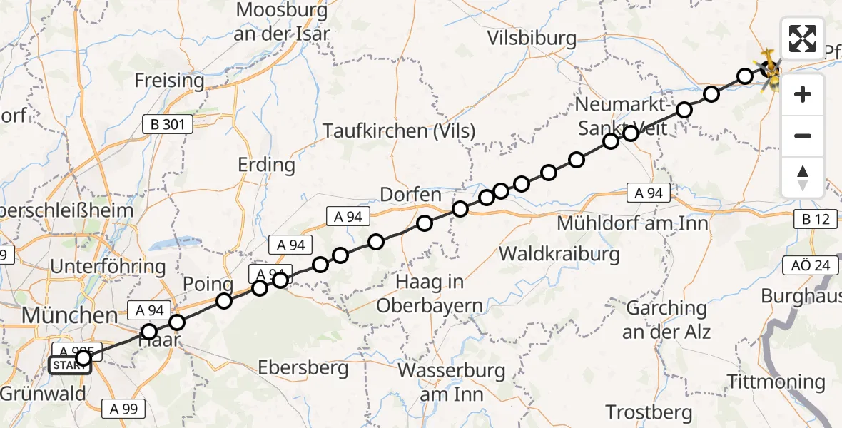 Flugroute Rettungshubschrauber Perlacher Forst - Eggenfelden District Hospital, 11 April 2026, 07:04