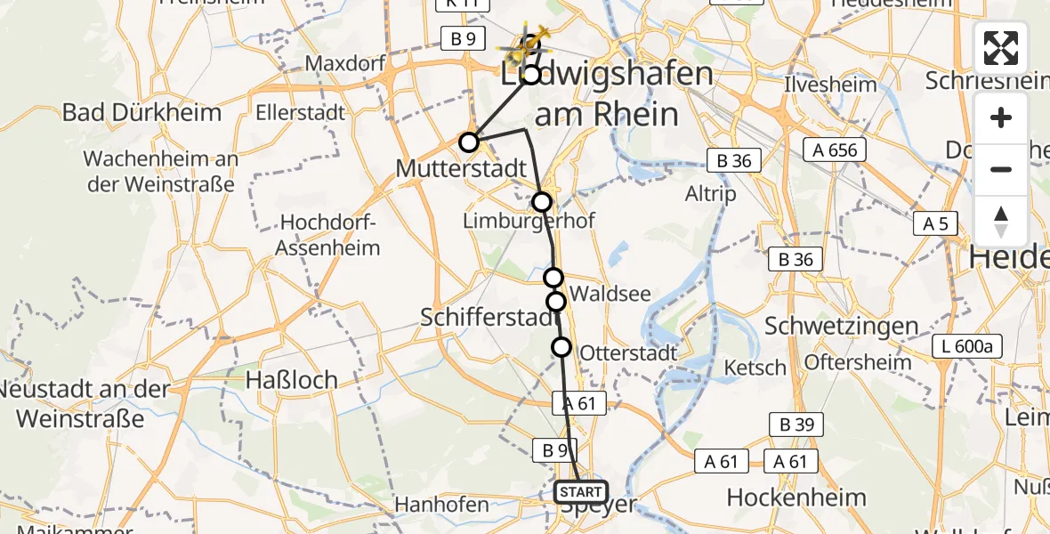 Flugroute Rettungshubschrauber Speyer - Ludwigshafen Accident Hospital Hubschrauberlandeplatz, 11 April 2026, 07:12