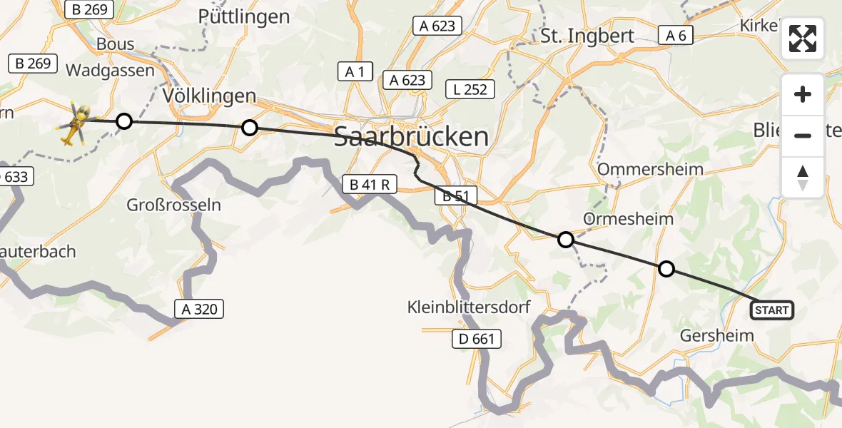 Flugroute Rettungshubschrauber Gersheim - Wadgassen, 11 April 2026, 07:39