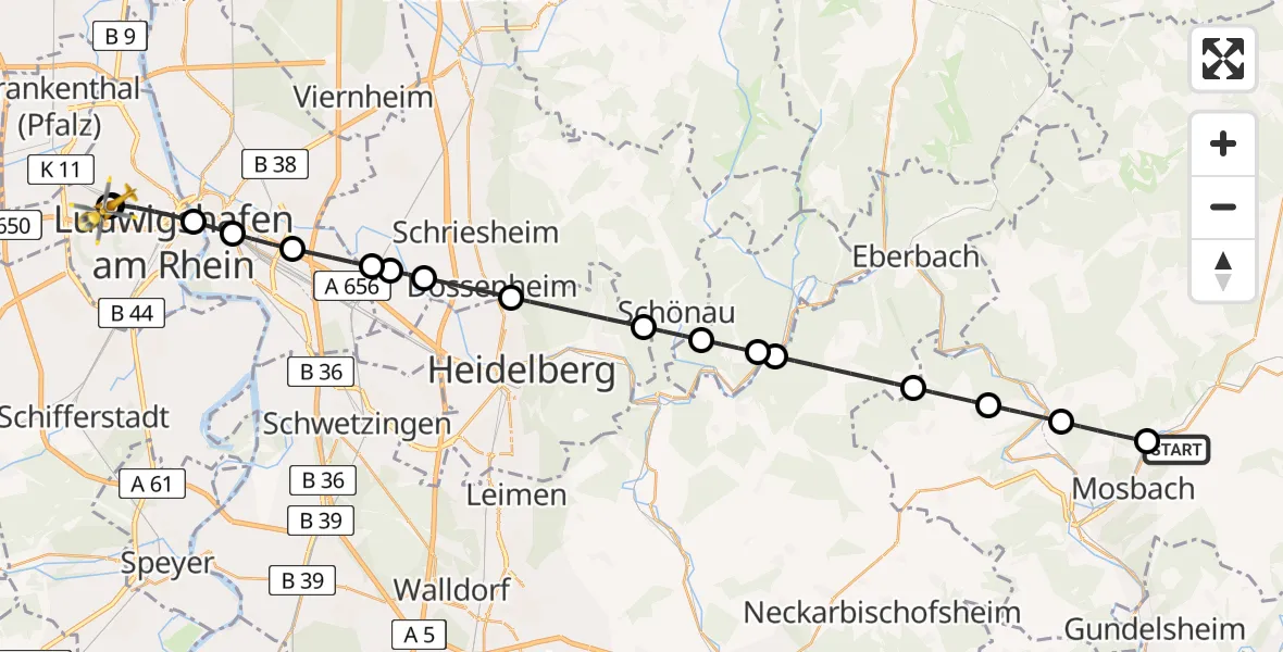 Flugroute Rettungshubschrauber Elztal - Ludwigshafen Accident Hospital, 11 April 2026, 07:41