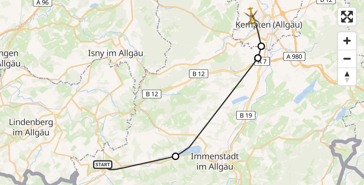 Flugroute Rettungshubschrauber Oberstaufen - Kempten (Allgäu), 11 April 2026, 07:47