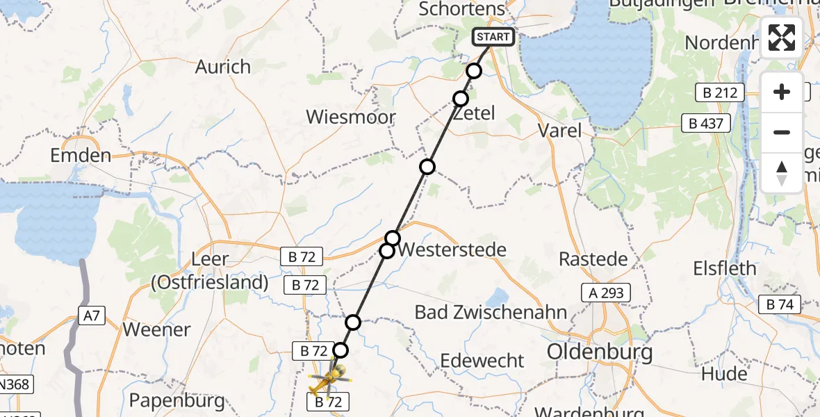 Flugroute Rettungshubschrauber Sande - Saterland, 11 April 2026, 07:50