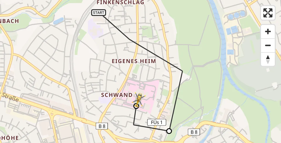 Flugroute Rettungshubschrauber Fürth - Fürth Hospital, 11 April 2026, 08:04