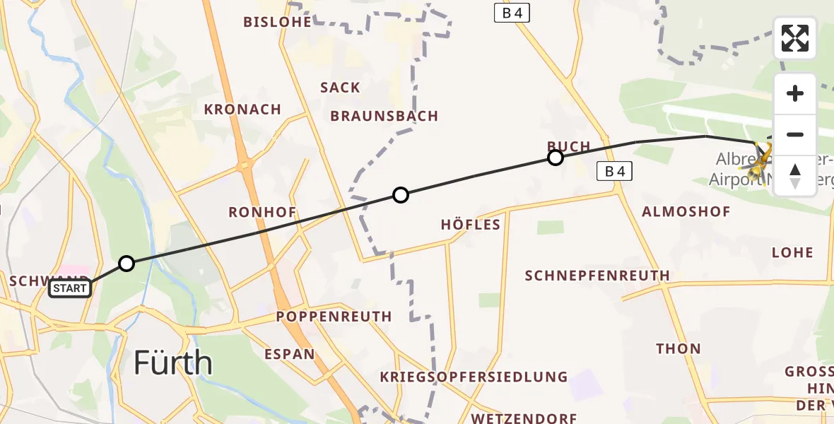 Flugroute Rettungshubschrauber Fürth Hospital - Flughafen Nuremberg, 11 April 2026, 08:18