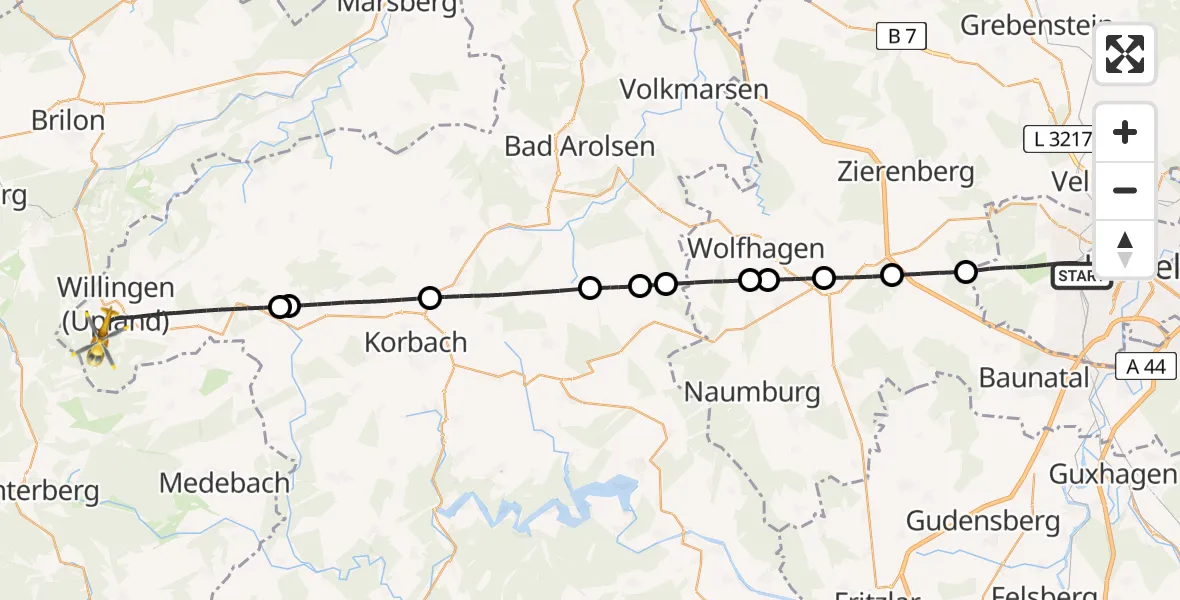 Flugroute Rettungshubschrauber Kassel - Willingen (Upland), 11 April 2026, 08:22
