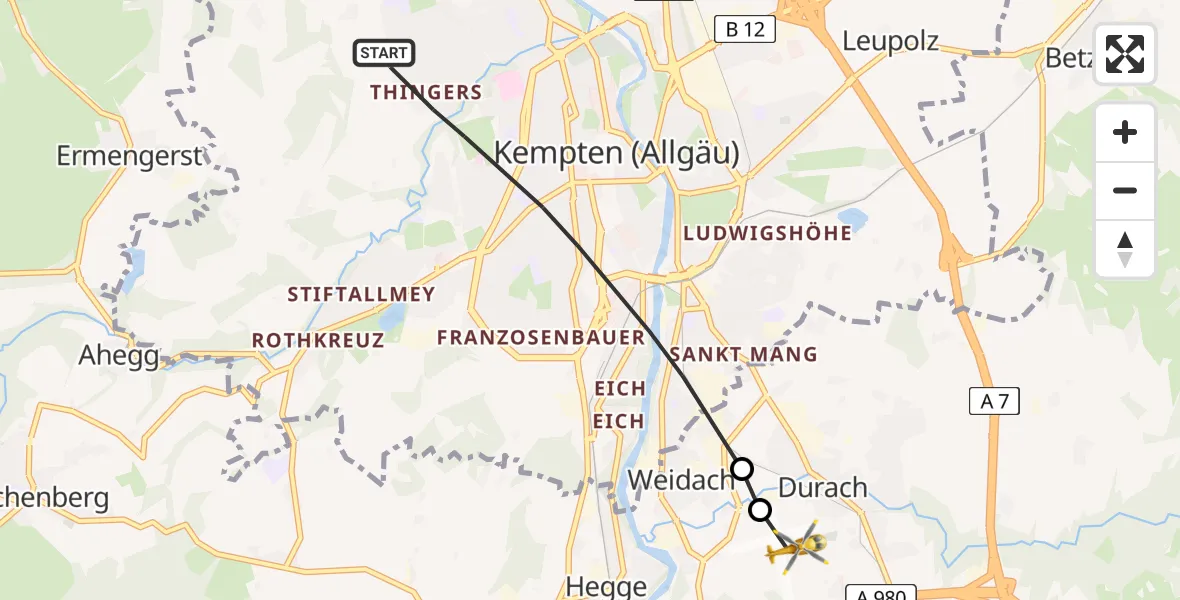 Flugroute Rettungshubschrauber Kempten (Allgäu) - Kempten-Durach Flugplatz, 11 April 2026, 08:29