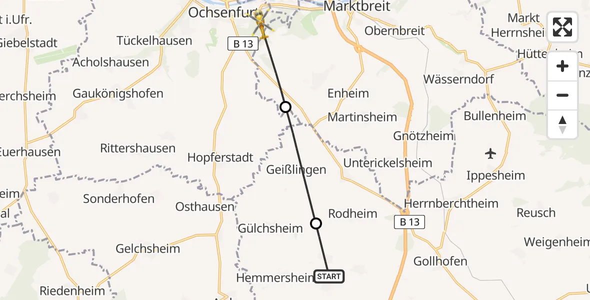 Flugroute Rettungshubschrauber Hemmersheim - Ochsenfurt Hospital, 11 April 2026, 08:34