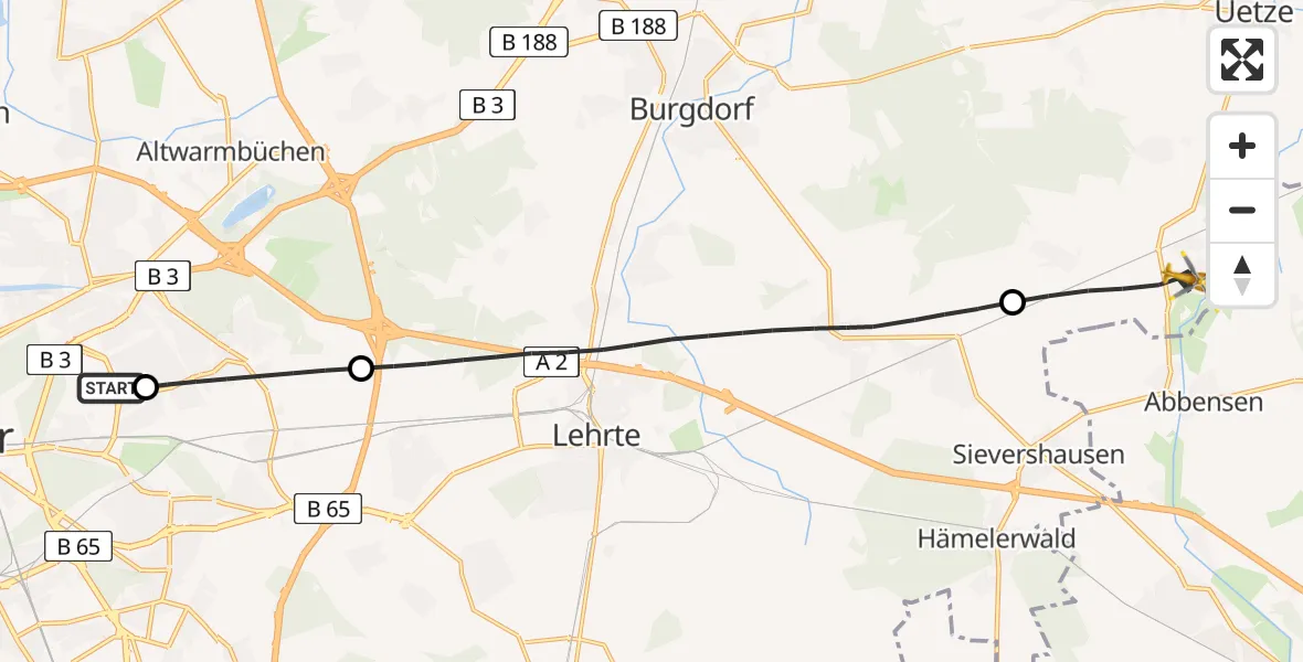 Flugroute Rettungshubschrauber Hannover Luftrettung Hubschrauberlandeplatz (Christoph 4) - Uetze, 11 April 2026, 08:40