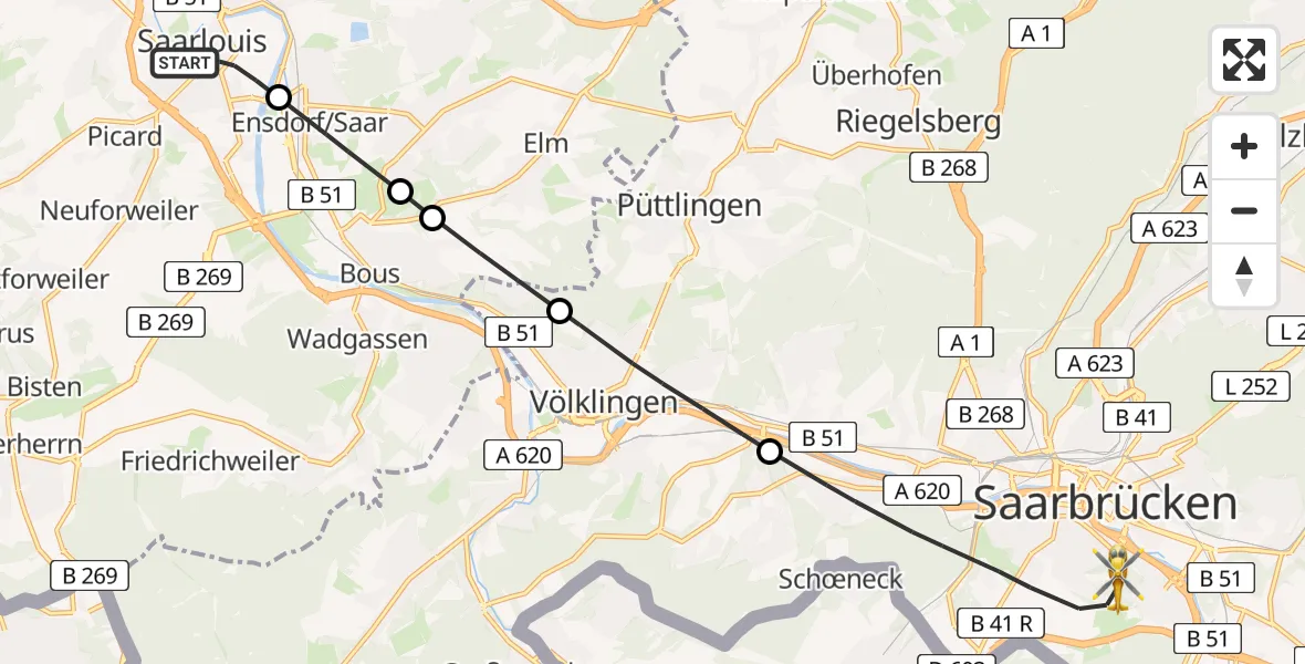 Flugroute Rettungshubschrauber Saarlouis - Saarbrücken, 11 April 2026, 08:51