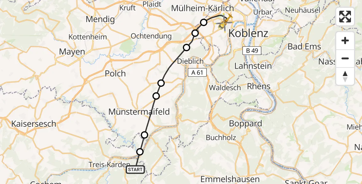 Flugroute Rettungshubschrauber Müden (Mosel) - Koblenz, 11 April 2026, 09:03