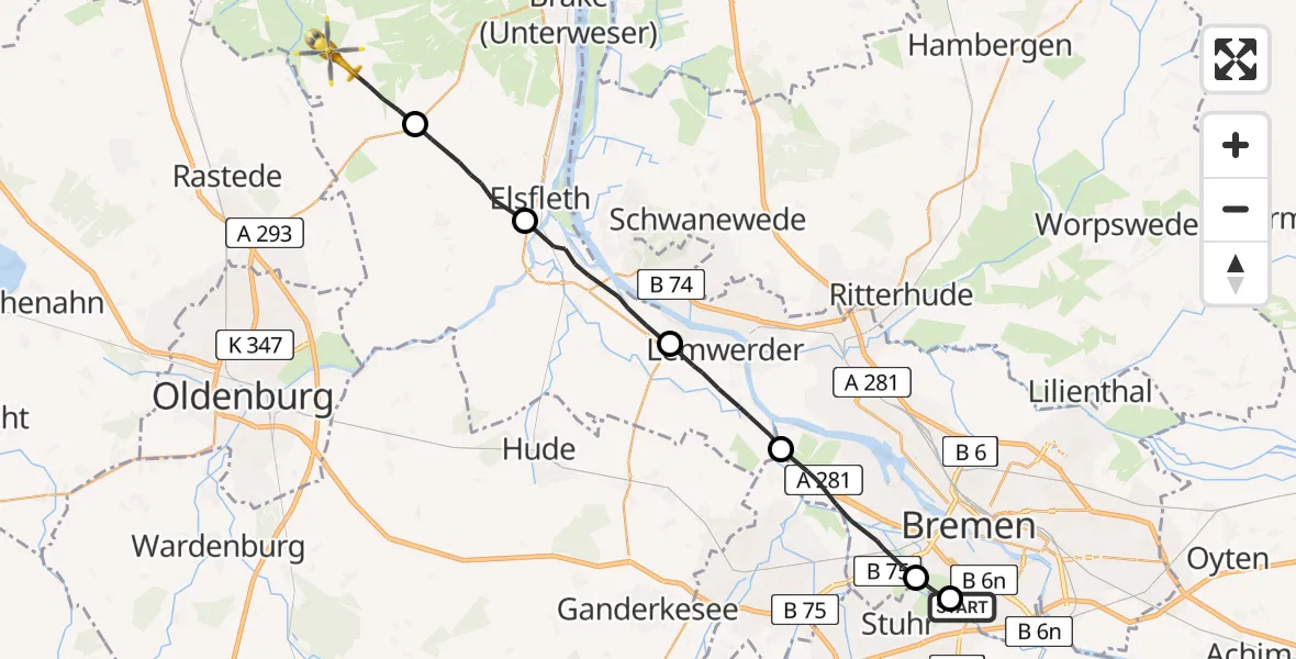 Flugroute Rettungshubschrauber Bremen - Jade, 11 April 2026, 09:04