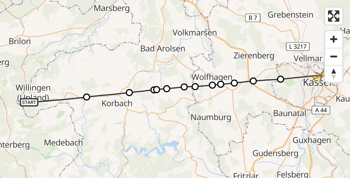 Flugroute Rettungshubschrauber Willingen (Upland) - Kassel, 11 April 2026, 09:05