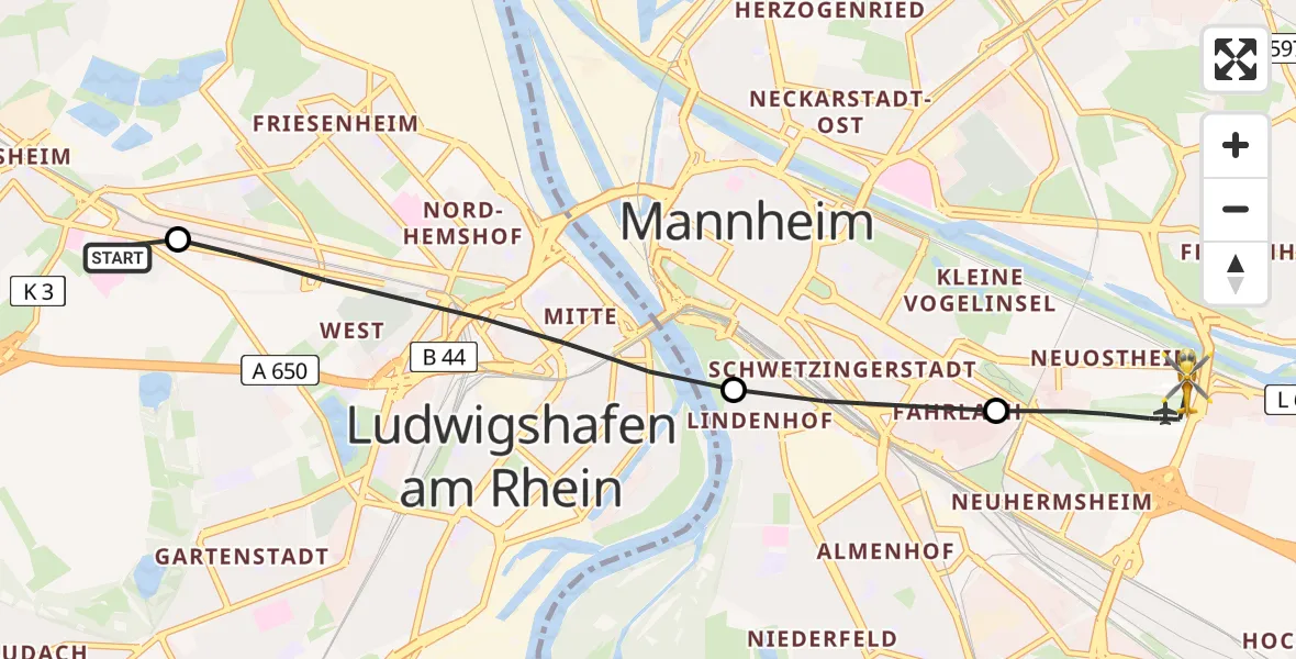 Flugroute Rettungshubschrauber Ludwigshafen Accident Hospital - Mannheim-City Flughafen, 11 April 2026, 09:05