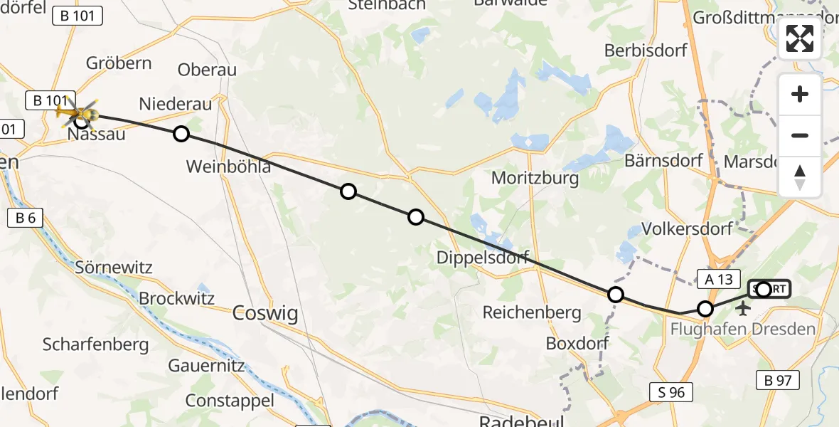 Flugroute Rettungshubschrauber Dresden Bundespolizei Hubschrauberlandeplatz - Meißen, 11 April 2026, 09:15