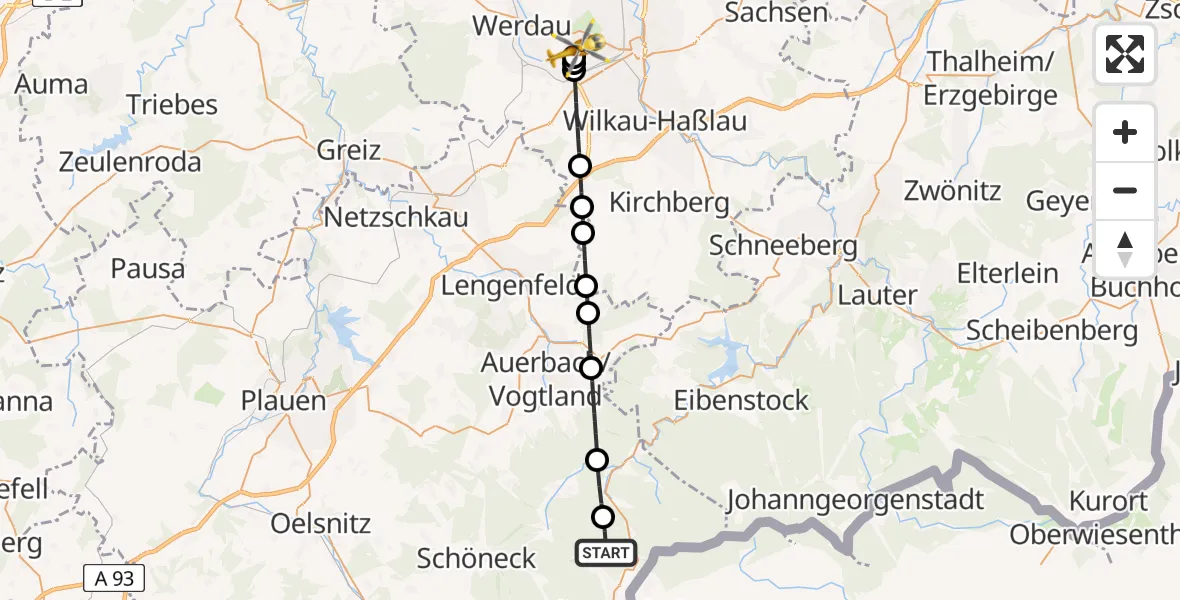 Routekaart van de vlucht: Rettungshubschrauber nach ADAC Air Rescue Station Zwickau Hubschrauberlandeplatz