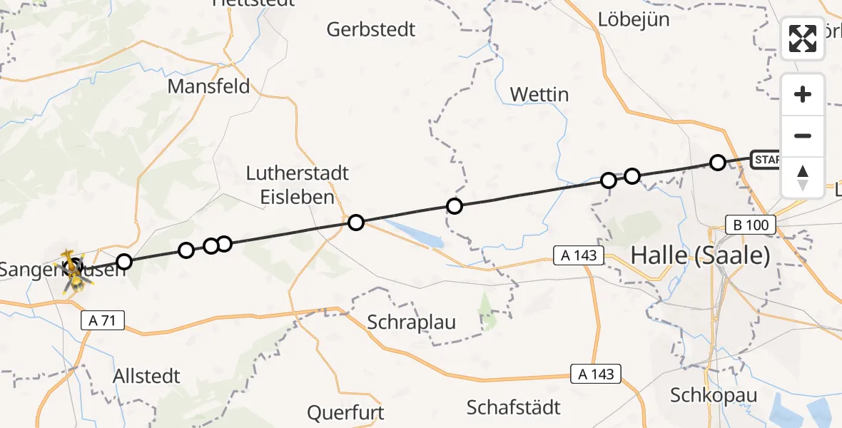 Flugroute Ambulanzhubschrauber Landsberg - Helios Clinic Mansfeld-Südharz, 11 April 2026, 09:19
