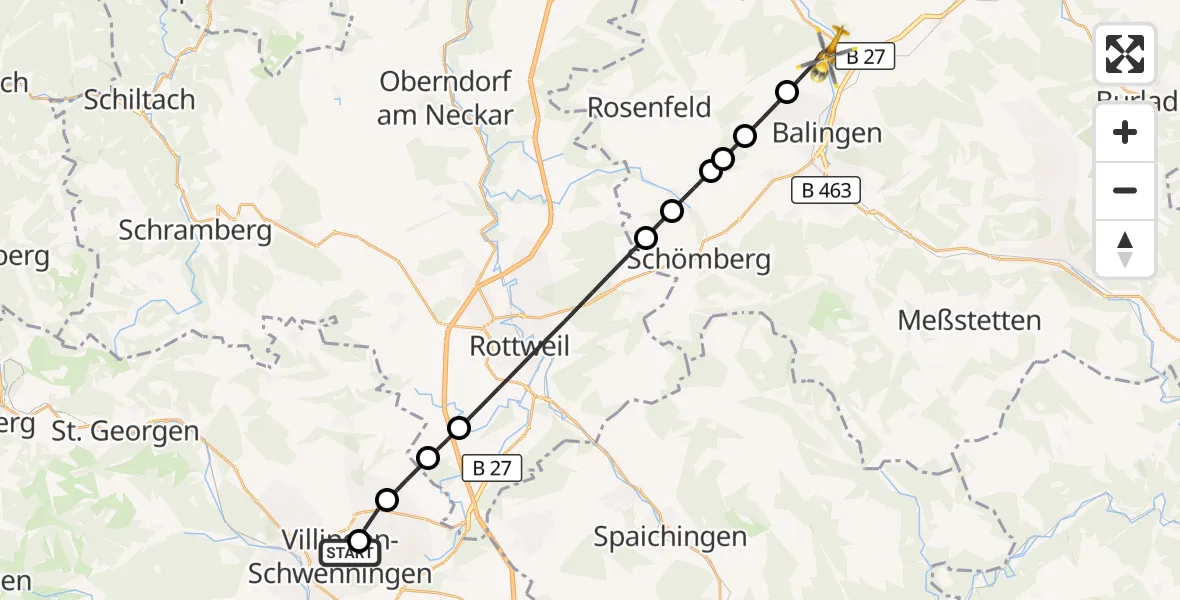 Flugroute Rettungshubschrauber DRF Air Rescue Station Villingen-Schwenningen Hubschrauberlandeplatz (Christoph 11) - Balingen, 11 April 2026, 09:30