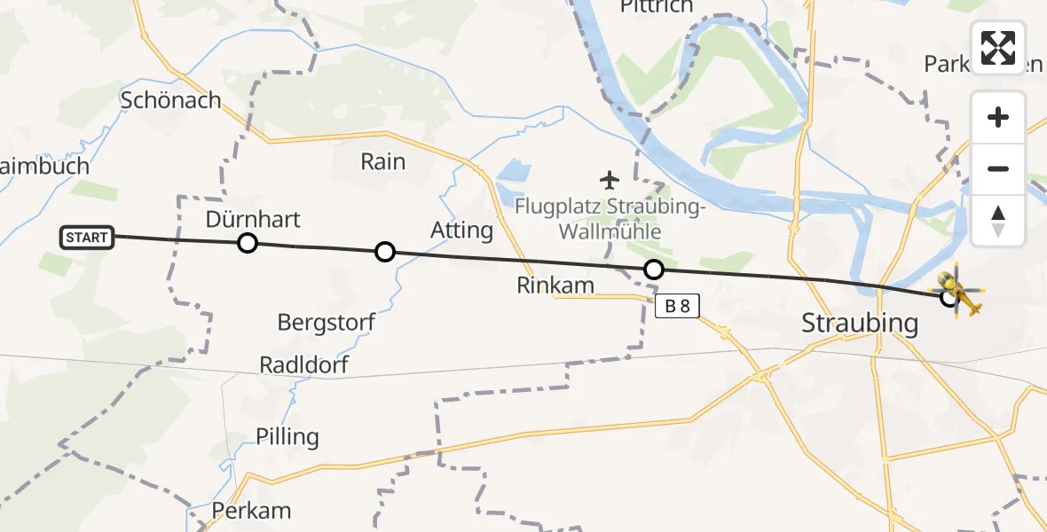 Flugroute Rettungshubschrauber Mötzing - Sankt Elisabeth Hospital Straubing, 11 April 2026, 09:30