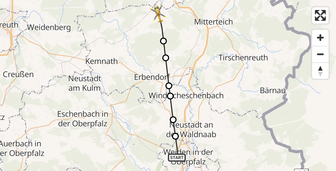 Flugroute Rettungshubschrauber Weiden i.d.OPf. - Waldershof, 11 April 2026, 09:30