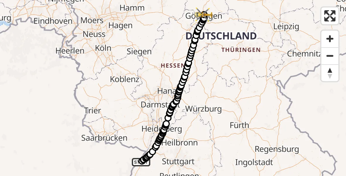 Flugroute Rettungshubschrauber Karlsruhe Baden-Baden Flughafen - Göttingen University Clinic Hubschrauberlandeplatz, 11 April 2026, 09:31