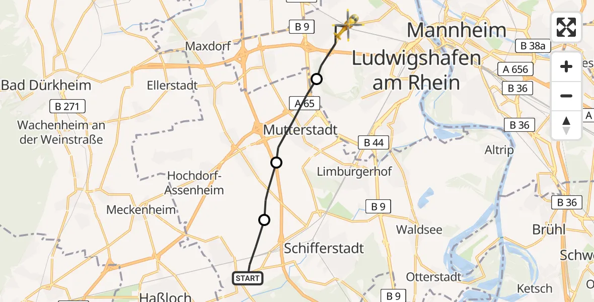 Flugroute Rettungshubschrauber Böhl-Iggelheim - Ludwigshafen Accident Hospital Hubschrauberlandeplatz, 11 April 2026, 09:38