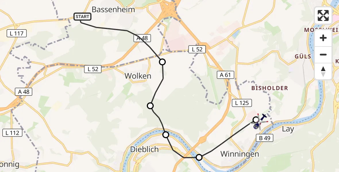 Flugroute Polizeihubschrauber Bassenheim - Koblenz-Winningen Flugplatz, 11 April 2026, 09:48