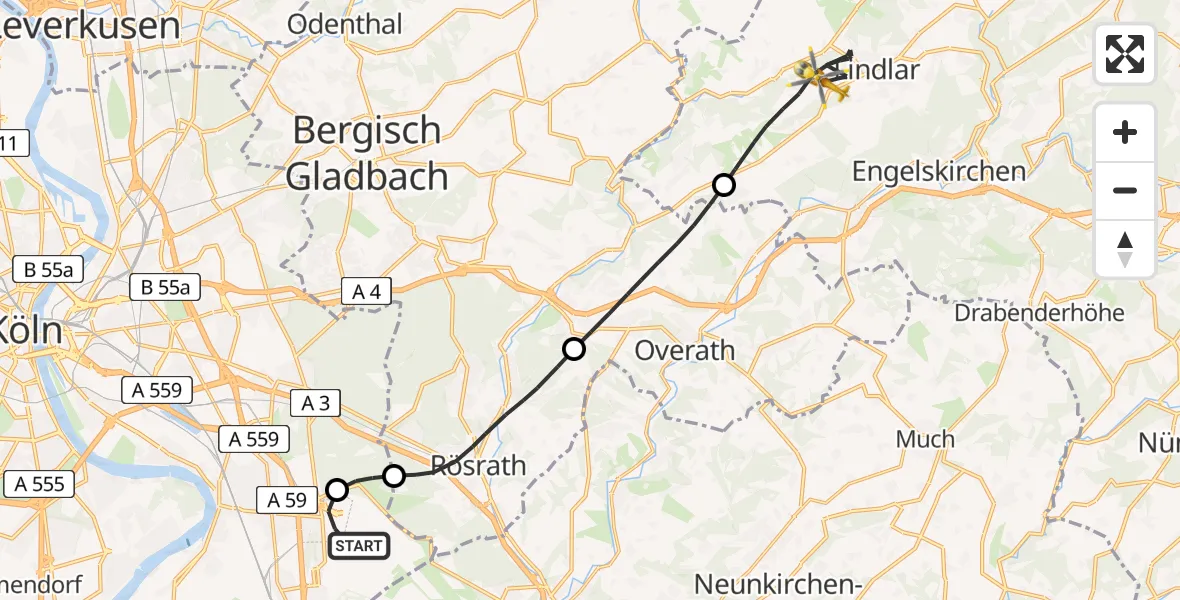 Flugroute Rettungshubschrauber Köln Bonn Flughafen - Lindlar, 11 April 2026, 09:50