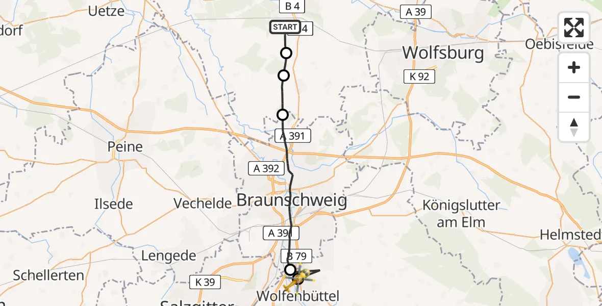 Flugroute Rettungshubschrauber Ribbesbüttel - Wolfenbüttel Municipal Hospital Heliport (Christoph 30), 11 April 2026, 09:51