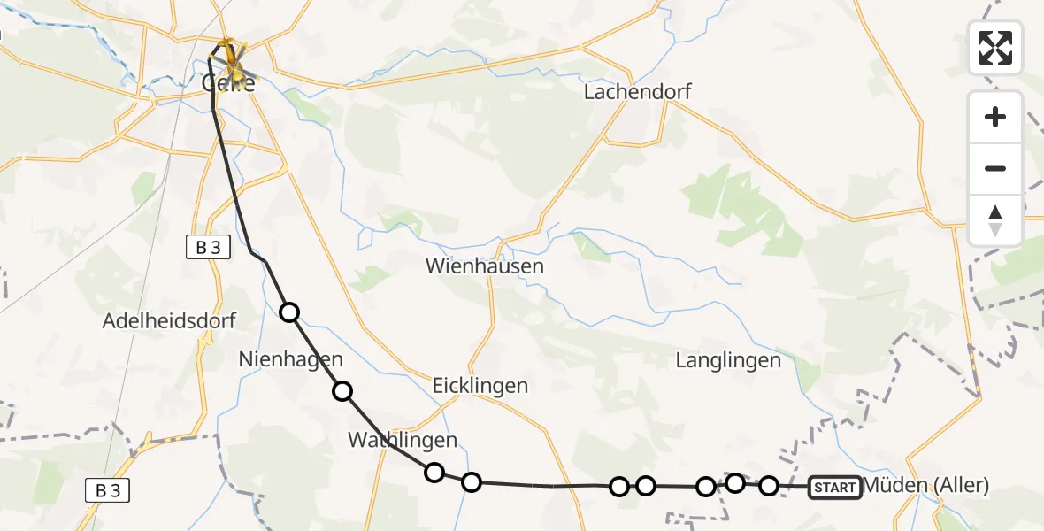 Flugroute Rettungshubschrauber Müden (Aller) - Celle, 11 April 2026, 09:56