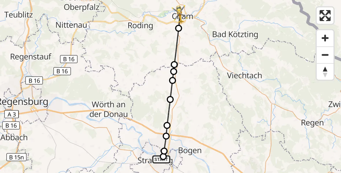 Flugroute Rettungshubschrauber Sankt Elisabeth Hospital Straubing - Cham, 11 April 2026, 09:57