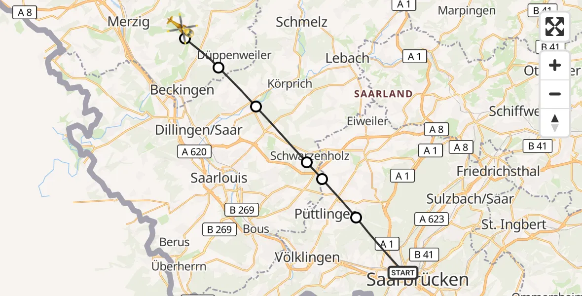 Flugroute Rettungshubschrauber Saarbrücken - Merzig, 11 April 2026, 10:02