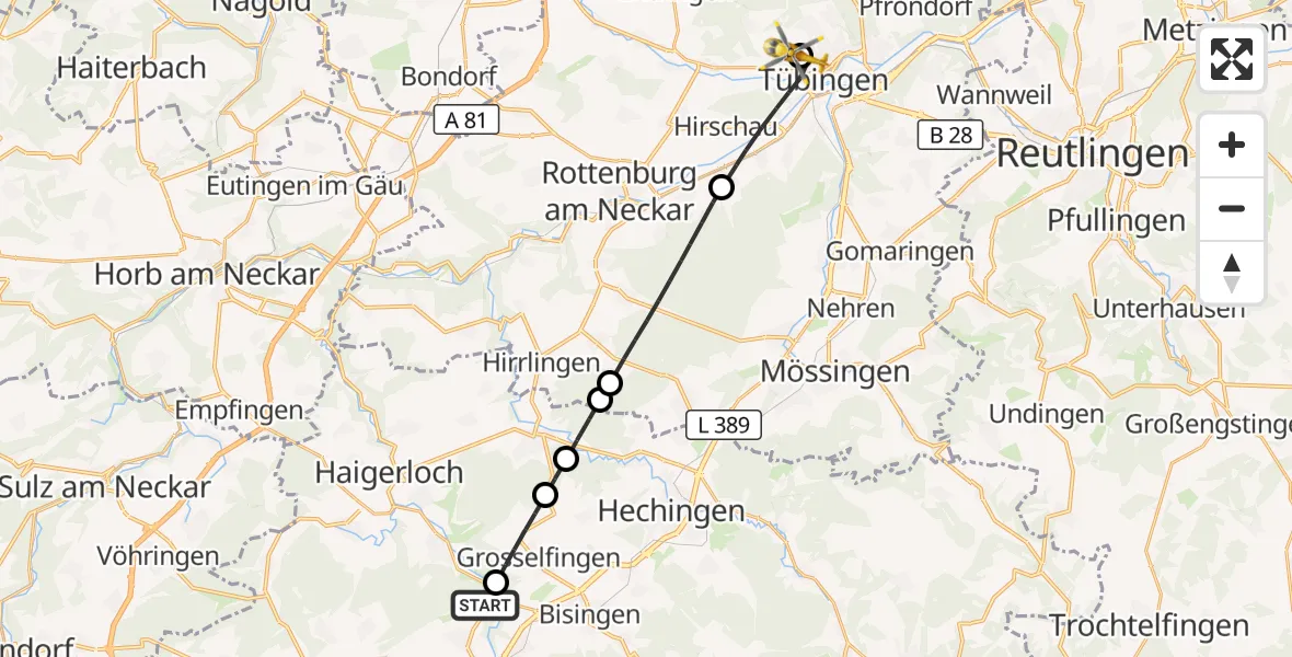 Flugroute Rettungshubschrauber Balingen - Tübingen University Hospital, 11 April 2026, 10:11