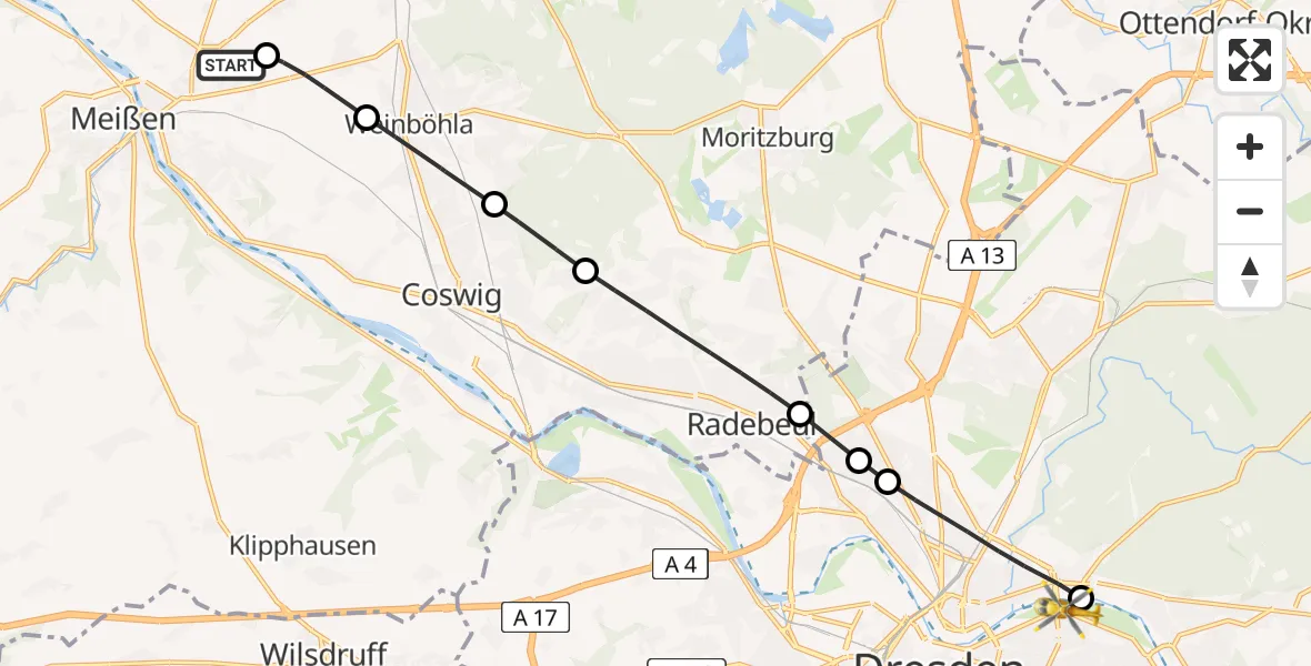 Flugroute Rettungshubschrauber Meißen - Dresden Elbwiesen Hubschrauberlandeplatz, 11 April 2026, 10:13