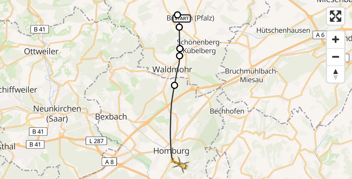 Flugroute Rettungshubschrauber Brücken (Pfalz) - Homburg, 11 April 2026, 10:13