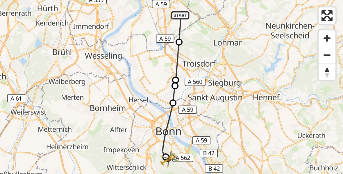 Flugroute Ambulanzhubschrauber Köln Bonn Flughafen - Bonn University Hospital, 11 April 2026, 10:19