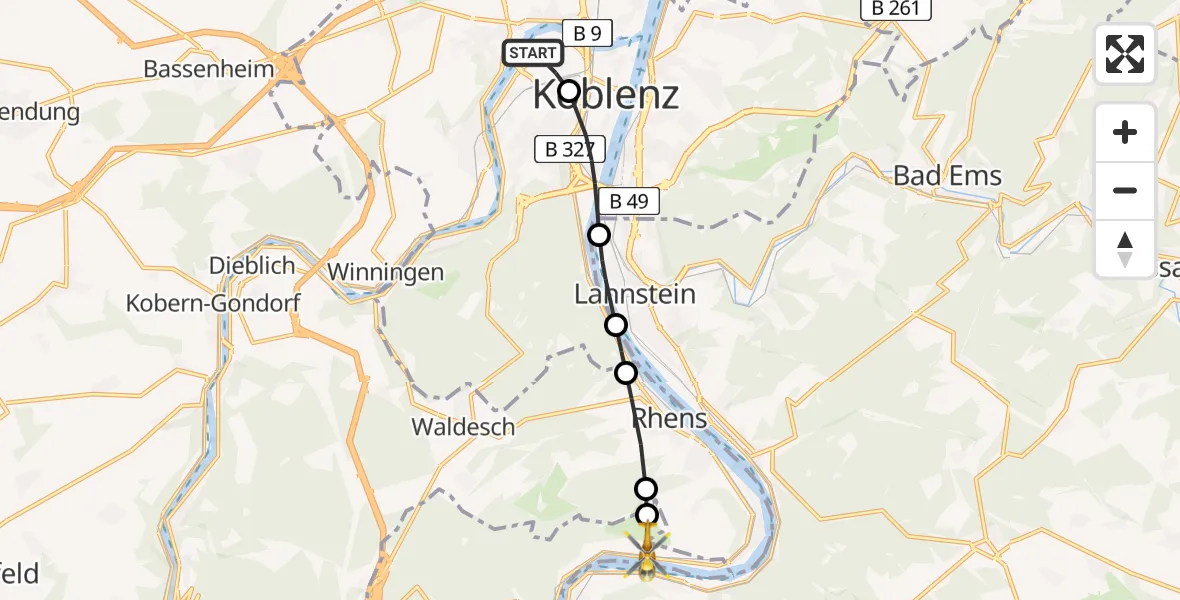 Flugroute Rettungshubschrauber Katholisches Klinikum Marienhof Koblenz Hubschrauberlandeplatz - Boppard, 11 April 2026, 10:38