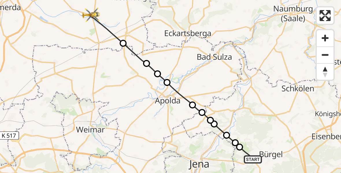 Flugroute Rettungshubschrauber Bürgel - Buttstädt, 11 April 2026, 10:38