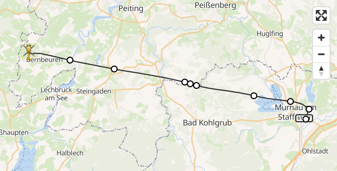 Flugroute Rettungshubschrauber Murnau Accident Hospital - Bernbeuren, 11 April 2026, 10:42