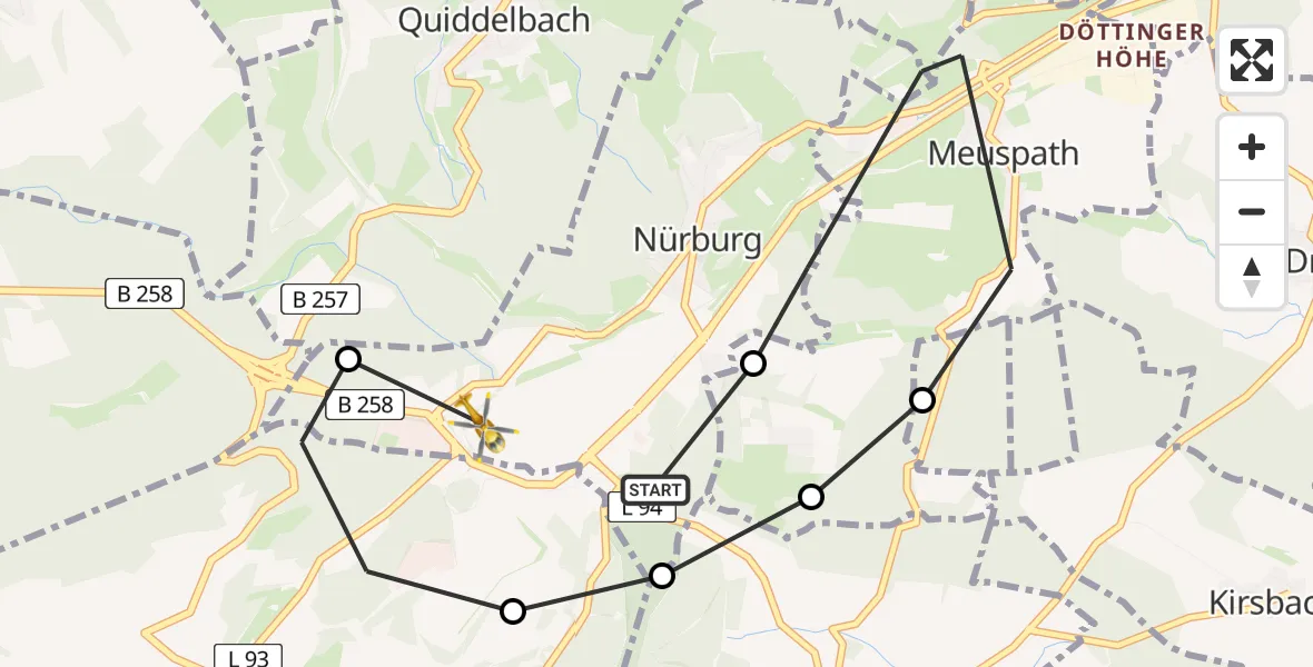 Flugroute Ambulanzhubschrauber Nürburgring Hubschrauberlandeplatz - Nürburg, 11 April 2026, 10:52