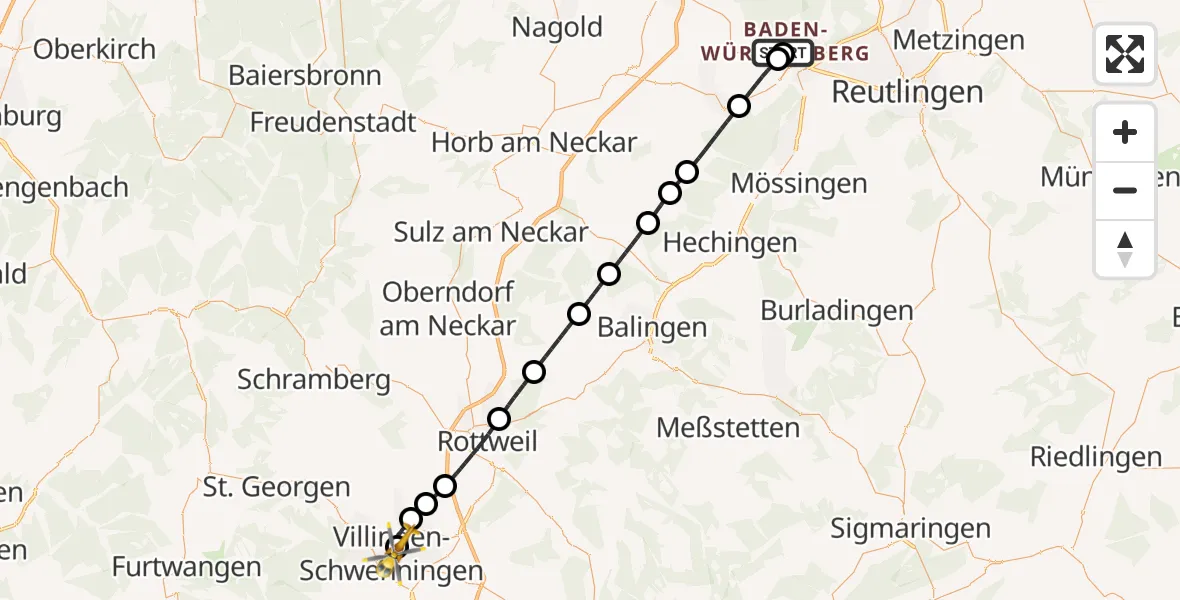 Flugroute Rettungshubschrauber Tübingen University Hospital - DRF Air Rescue Station Villingen-Schwenningen Hubschrauberlandeplatz (Christoph 11), 11 April 2026, 10:56