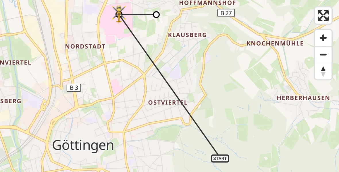 Flugroute Rettungshubschrauber Göttingen - Göttingen University Clinic Hubschrauberlandeplatz, 11 April 2026, 11:00