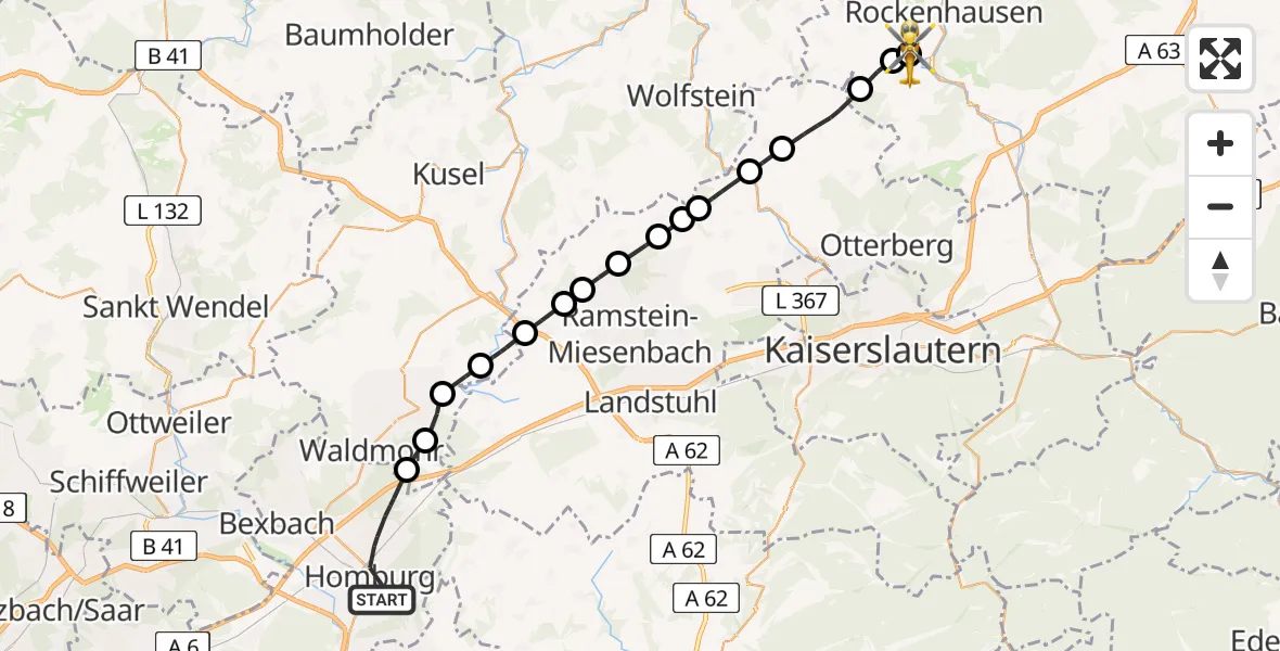 Flugroute Rettungshubschrauber Homburg - Imsweiler UL, 11 April 2026, 11:00