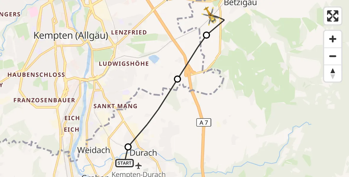 Flugroute Rettungshubschrauber Kempten-Durach Flugplatz - Betzigau, 11 April 2026, 11:03