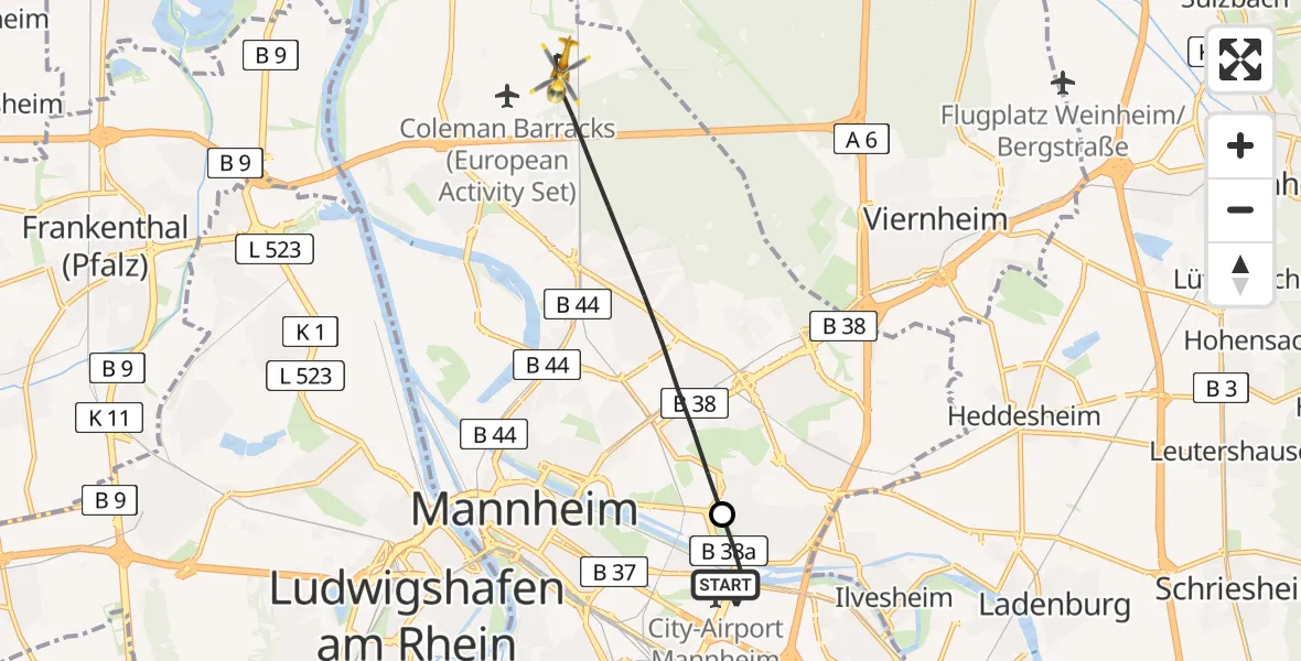 Flugroute Rettungshubschrauber Mannheim-City Flughafen - Mannheim, 11 April 2026, 11:05