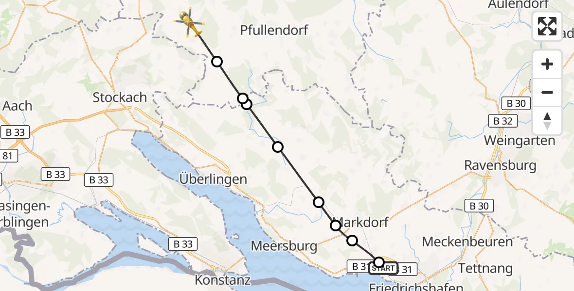 Flugroute Rettungshubschrauber Friedrichshafen Hospital - Sauldorf, 11 April 2026, 11:07