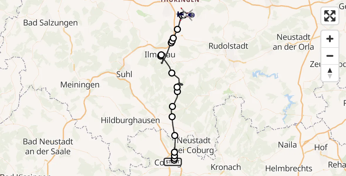 Flugroute Polizeihubschrauber Coburg-Brandensteinsebene Flugplatz - Arnstadt-Alkersleben Flugplatz, 11 April 2026, 11:09